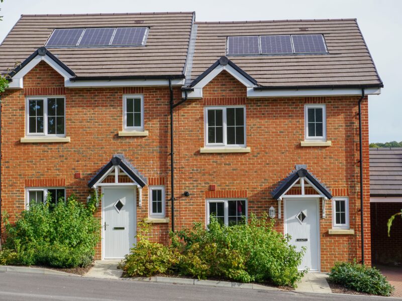 New,Housing.,New,Built,Semi,Detached,Houses,With,Solar,Panels.